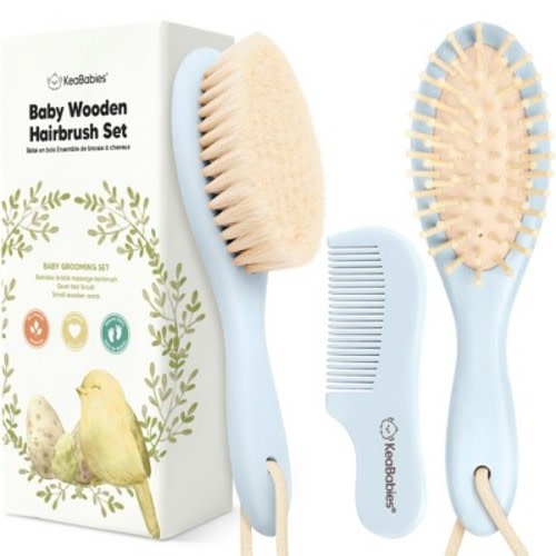Baby Hair Brush and Comb Set, Oval Wooden Baby Brush Set for Newborns, Infant, Toddler Grooming Kit
