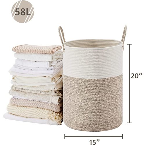 VIPOSCO Large Laundry Hamper, Tall Woven Rope Storage Basket for Blanket, Toys, Dirty Clothes in Living Room, Bathroom, Bedroom - 58L White & Brown