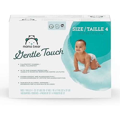 Amazon Brand - Mama Bear Gentle Touch Baby Diapers, Formulated without Fragrance, Size 4, 148 Count (4 packs of 37), with Skin Protection and Leak Protection