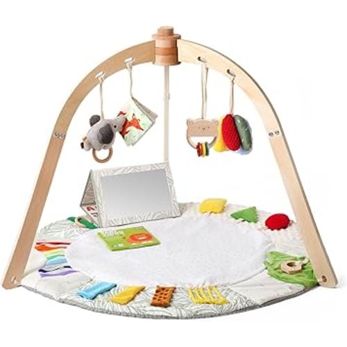 Wooden Baby Play Gym Mat – Anti - Slip Tummy Time & Activity Mat, 5 Developmental Zones & 6 Sensory Toys for Motor Skills, Easy Install & Clean | Newborn Essentials Gift
