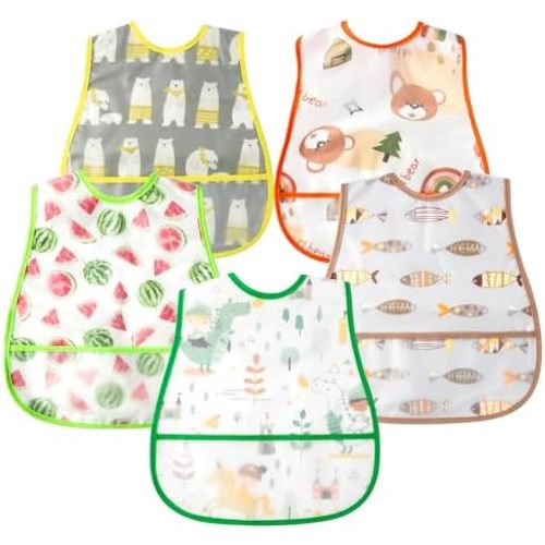 R HORSE 5Pcs Baby Bibs Set Toddler Bibs with Crumb Catcher Pocket & Snap Button Waterproof Baby Feeding Bibs for 6-24 Months
