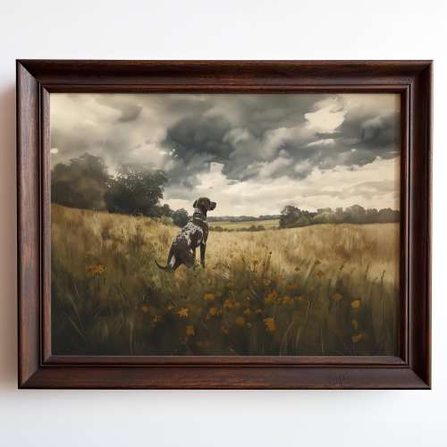 Moody Dark Wildflower German Shorthaired Pointer Dog Print Vintage Wildflower Painting Wall Art Print Floral Cottagecore Landscape Farmhouse