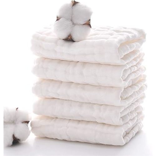 MUKIN Baby Muslin Washcloths, Natural Cotton, Soft Newborn Face Towel, 5 Pack, 12 x 12 inches (White)