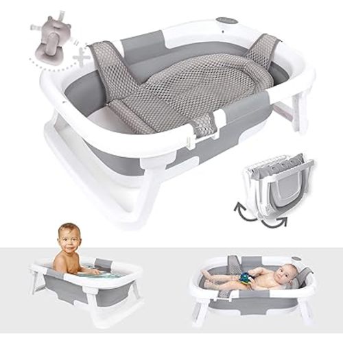 BEBELEH™ Collapsible Baby Bathtub – Bathtub + Baby tub Sling + Newborn Sling – Baby Bathtub Newborn to Toddler 0-24 Months – The Ultimate Travel Baby Bath Tub and Everyday Use! (Gray)