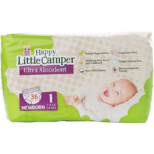 Happy Little Camper Ultra-Absorbent Natural Baby Diapers Size 1 - Hypoallergenic & Chlorine-Free Disposable Diapers Safe for Sensitive Skin - Unscented Newborn Diapers - 36 Count