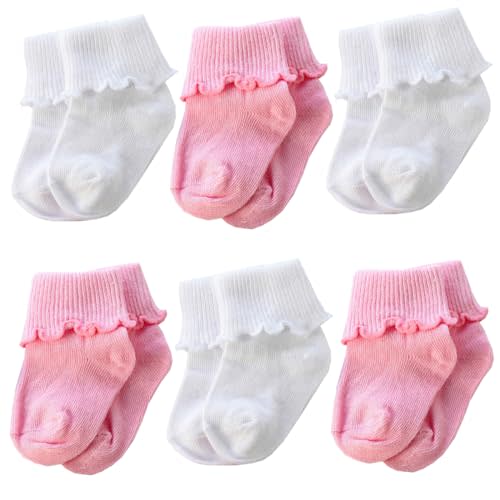 Xiyadun 6 &12 Pairs Infant Toddler Baby Kids Turn Cuff Ruffle Cotton Socks