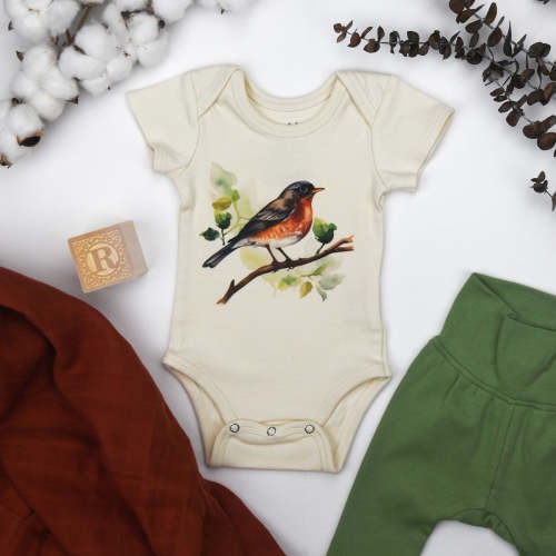 Organic Cotton Short Sleeve Baby Bodysuit, Robin