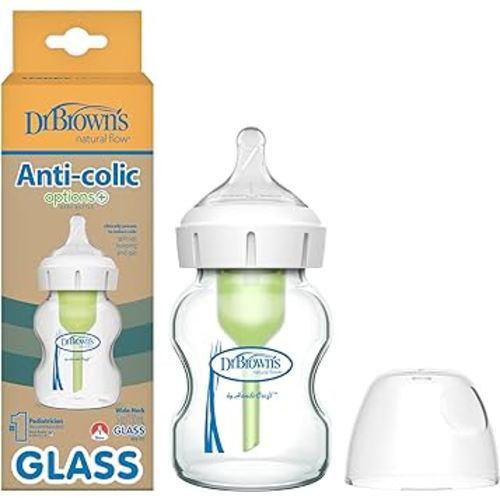 Dr. Brown's Natural Flow Anti-Colic Options+ Wide-Neck Glass Baby Bottle 5 oz/150 mL, with Level 1 Slow Flow Nipple, 1 Pack, 0m+
