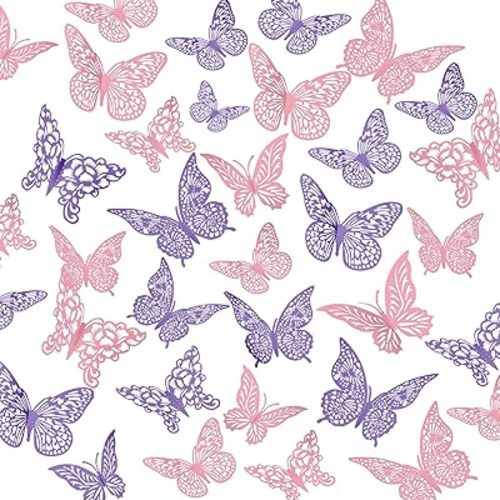 3D Butterfly Wall Decor 96Pcs 3 Sizes 4 Styles Butterfly Party Decorations Cake Decorations Removable Stickers Wall Decor Room Mural Metallic Kids (Purple+Pink)