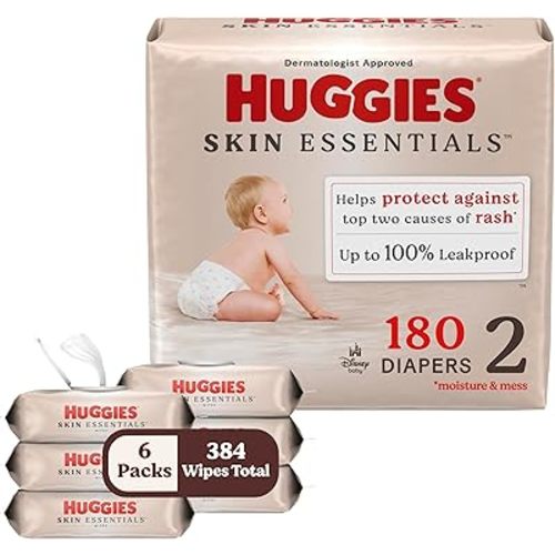 Bundle of Huggies Size 2 Diapers, Skin Essentials Baby Diapers, Size 2 (12-18 lbs), 180 Count (3 Packs of 60) + Huggies Skin Essentials Baby Wipes, 99% Water, 6 Flip Top Packs (336 Wipes Total)