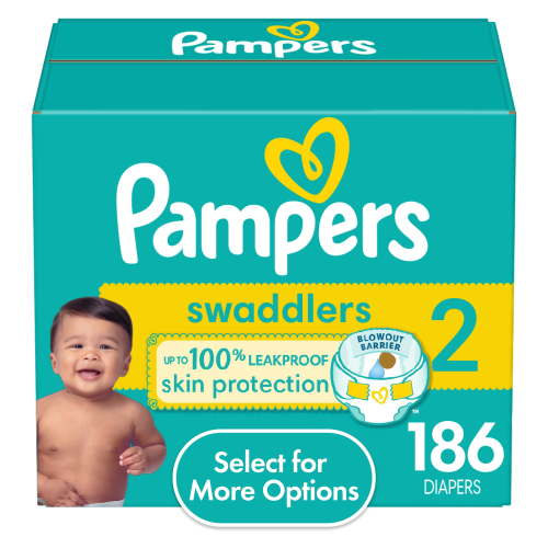 Pampers Swaddlers Size 2 Diapers, 186 Count, Leak-Guard Barriers, Hypoallergenic, Paraben & Latex-Free