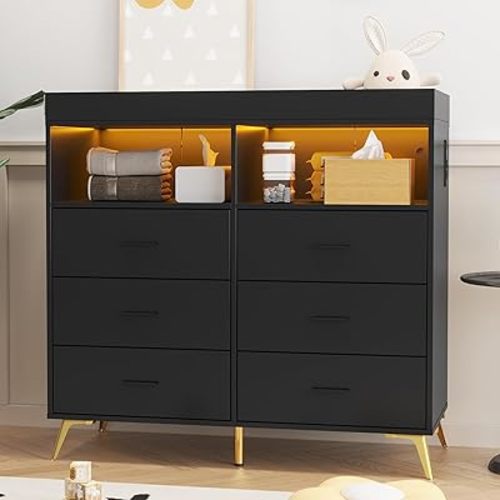 GarveeHome Dresser for Bedroom with 6 Drawers, Baby Changing Table Dresser with Changing Pad, LED Lights & Charging Station, Baby Changing Station with Changing Table Top, Black