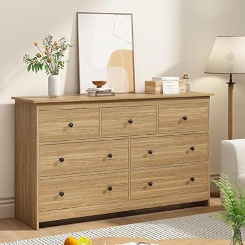 7 Drawer Dresser for Bedroom, 55'' Wide Natural Wood Chest of Drawers with Metal Handles, Modern Large Dressers Organizer for Living Room, TV Stand, Hallway, Entryway, Light Oak