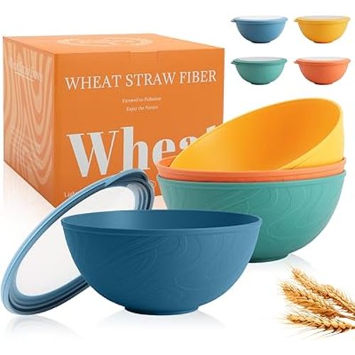 Wheat Straw Bowls Set with Lids, 40 OZ, Set of 4
