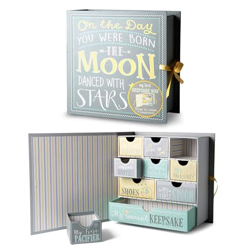 Votum Baby Keepsake Box for Treasured Memories, Moon & Stars - Lightweight, Handcrafted Baby Boxes with 9 Labeled Compartments for First Memories - Gender Neutral Baby Shower Gifts for Girls, Boys