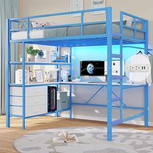 DICTAC Twin Loft Bed with L-Shaped Desk and Charging Station Metal Twin Size Loft Bed with LED Lights,Open Shelves and 3 Fabric Storage Drawers,Loft Beds with Top Bunk -Safety Guard and Stairs,Blue