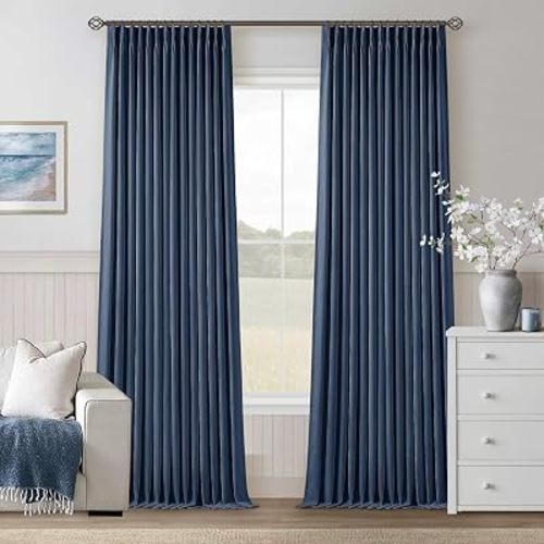 Navy Blue Blackout Linen Curtains 108 Inches Long for Bedroom Pinch Pleated Black Out Curtains Lined 2 Layers Memory Shape Noise Reducing Rustic Farmhouse Living Room Darkening Window Drapes Indigo