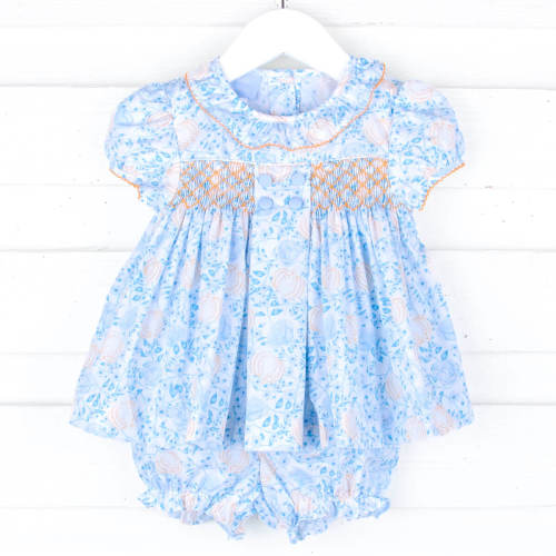 Blue Floral Pumpkin Smocked Beth Bloomer Set