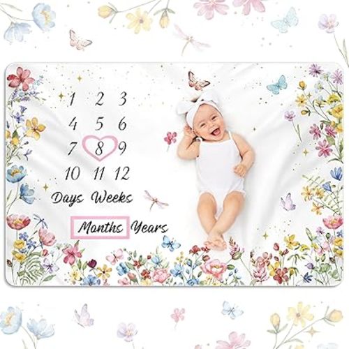 Nuanchu Wildflower Baby Monthly Milestone Blanket for Baby Girl Boy 60" x 40" Soft Fleece First 12 Months Growth Chart Newborn Photography Background Baby's First Year Milestone Blanket Nursery Decor