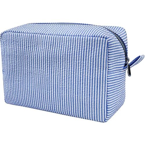 GFU Makeup Bag for Women, Cute Cosmetic Bag, Lightweight Toiletry Make up Bag, Large Seersucker Aesthetic Organizer Storage Pouch for Girls, Women and Moms Gifts, Blue