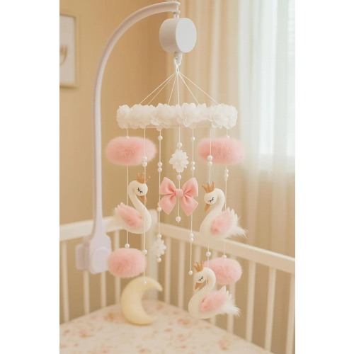 Swan Baby Mobile for Crib Girl–Pink Nursery Mobile–Felt Swan Cot Mobile–Princess Baby Shower Gift– Boho Baby Room Decor–Elegant Baby  Mobile
