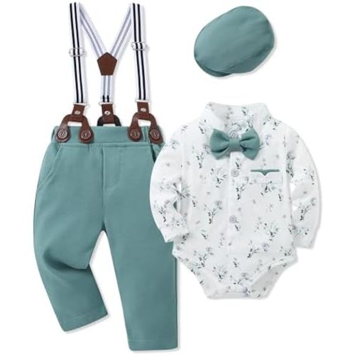 Baby Boy Clothes Suits 0-24M Infant Gentleman Outfits Long Sleeve Dress+Suspender Pants+Bowtie+Beret Hat Wedding Set