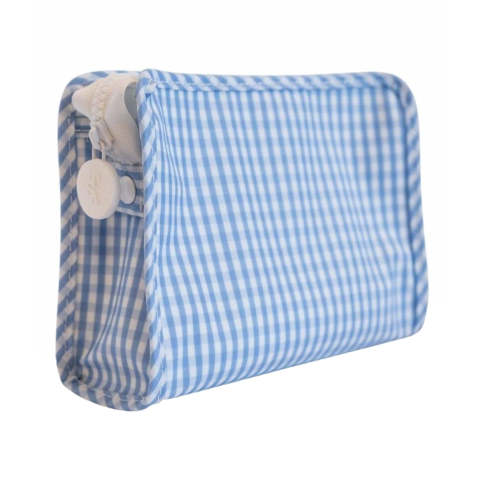 Small Roadie Zip Pouch, Gingham Sky Blue