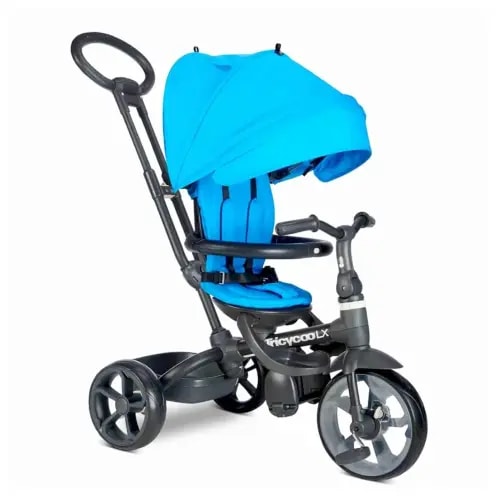 Joovy Tricycoo LX Premium Kids Tricycle with 8 Stages Featuring Chunky Front Tire, Removable and Adjustable Parent Handle, Safety Harness, Machine-Washable Seat Pad, and Retractable Canopy, Glacier