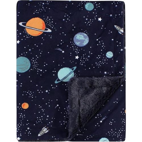 Hudson Baby Unisex Baby Plush Blanket with Furry Binding and Back, Space, One Size