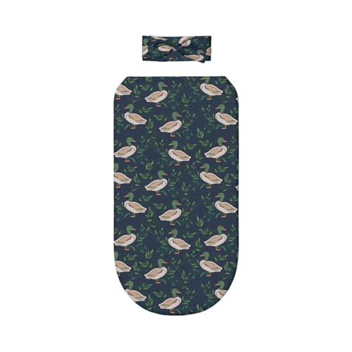 KiuLoam Cute Farm Animal Mallard Duck Newborn Swaddle Set with Matching Bow, Baby Girl Newborn Receiving Swaddle Blanket Nursery Swaddle Wrap Toddler Warm