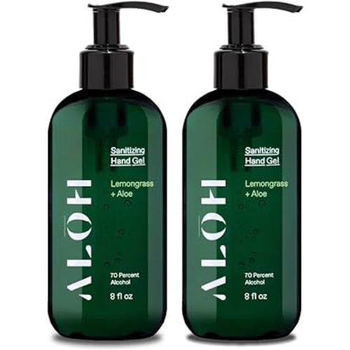 ALŌH Sanitizing Hand Gel 2-pack | Lemongrass + Aloe | 70% Alcohol Hydrating Hand Sanitizer Gel with Essential Oil, for Kids & Adults | 8oz Size Bottle (Set of 2)
