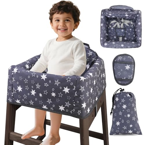 Lunobubo Baby High Chair Cover Restaurant with Strap Pads & 3-Point Harness, Machine Washable, Waterproof Portable Highchair Covers for Eating, Travel, Home Use - Fits Wooden Chairs, Grey Stars