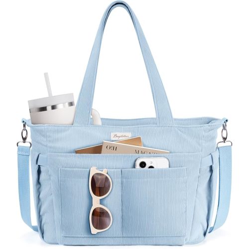 Corduroy Tote Bag for Women, 17 Pockets Laptop Work Tote Bag Lightweight Teacher Nurse Bible Bag for School Travel | with 40oz Cup Holder, Multi Compartment, Zipper Crossbody Bag, College Shoulder Bag, Daily Purse w/ Strap, Ideal Gift for Women