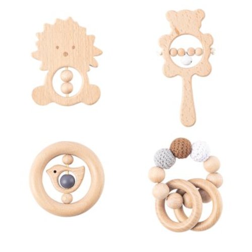 R HORSE 4 Pcs Baby Wooden Teether Rather Toys Beech Wooden Rattles Sensory Set