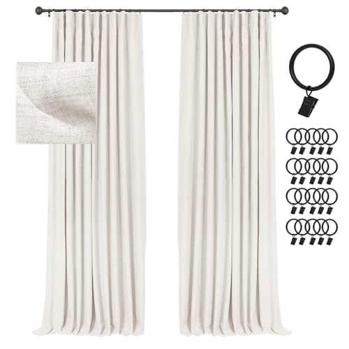 INOVADAY 100% Blackout Curtains for Bedroom, Black Out Curtains 84 Inch Long, Clip Rings Linen Blackout Drapes, Thermal Insulated Room Darkening for Living Room, 2 Panels - Beige,W50xL84