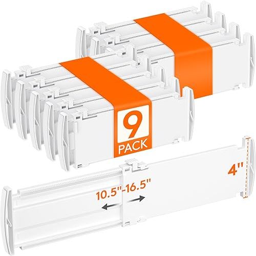 Lifewit 9 Pack Drawer Dividers for Clothes, 4" High 10.5"-16.5" Expandable Dresser Drawer Organizers, Adjustable White Plastic Separators for Kitchen, Cabinet, Nursery, Socks & Underwear Storage