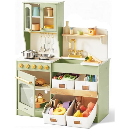 Tiny Land Wooden Play Kitchen for Kids with Toy Storage for Pretend Play | Built-In Cabinets, Felt Bins & Cookware Accessories Make Cleanup Easy While Encouraging Organizational Skills