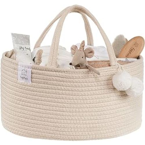Baby Diaper Caddy Organizer- Rope Nursery Storage Bin- Portable Diaper Storage Basket for Changing Table and Car- Perfect Baby Shower & Registry Gift (Beige)