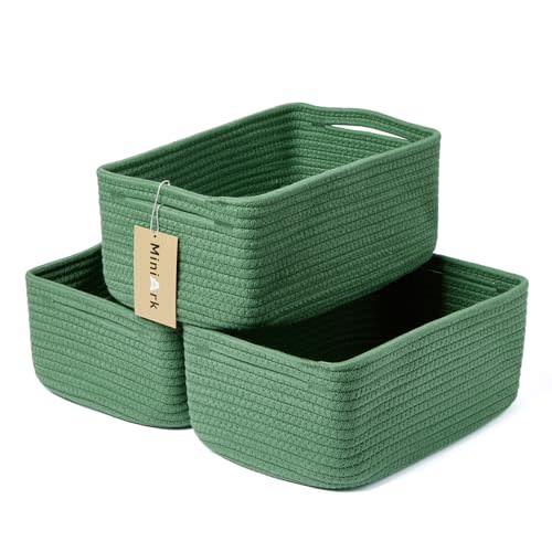 MiniArk Small Storage Baskets for Organizing | Closet Organizer Bins | Shelf Toy Basket | Woven Rope Baskets | Cube Decorative Box | Shallow Basket | 13x8.5x5.1” | 3 Packs Green