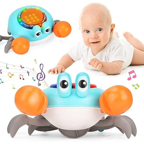 Crawling Crab Baby Toys - Infant Tummy Time Hand Drum Toys 3 4 5 6 7 8 9 10 11 12 Light-up Walking Sensory Induction Crabs, 9-12 12-18 Toddler Babies Gifts for 18 Months Boys Girls