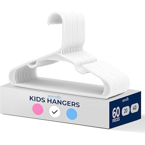 SereneLife 60 Pack Plastic Kids Hangers – Non-Slip Baby Hangers for Closet, Space-Saving Thin Design for Organizing Clothes, Infant, Toddler, and Newborn Clothing (White)