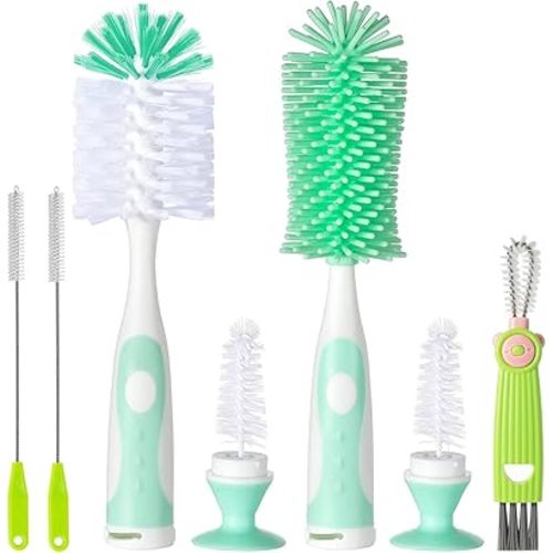Baby Bottle Brush, 5 in 1 Bottle Cleaner Brush Set with Nylon and Silicone Bottle Brush, Straw Brush, Bottle Brush with Nipple Cleaner and Suction Cup, Cup Lid Cleaner Brushes Kit, BPA-Free (Green)