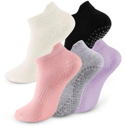 5 Pairs Pilates Socks with Grips for Women Non Slip Grip Yoga Crew Socks for Barre Hospital Barefoot Workout