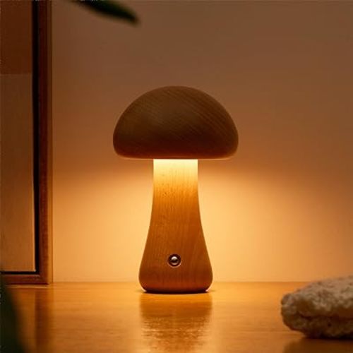 Wooden Mushroom Lamp, Portable Cordless Small Lamp, Rechargeable Battery Operated Lamp, 3 Colors Stepless Dimming, Night Light for Birthday Gifts(Beech/6.5" H)