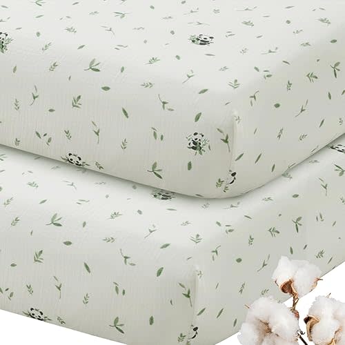 SiinvdaBZX 2 Pcs Muslin Crib Sheets Neutral, Ultra Soft Cotton Breathable Fitted Baby Crib Mattress Sheets for 52"x28" Standard Toddler Mattress (2Pcs Panda)