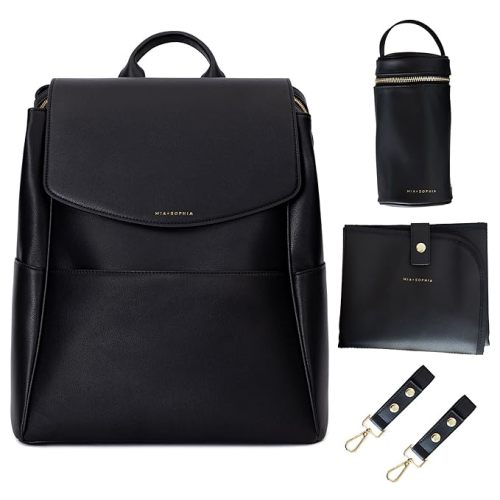 MIA + SOPHIA Leather Diaper Bag Backpack with USB Charging port, Changing Pad, Stroller Straps, and Bottle Holder (Black Olivia)