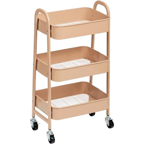AGTEK Makeup Cart, Movable Rolling Organizer Cart, 3 Tier Metal Utility Cart with Lockable Wheels for Home & Office, Milk Tea