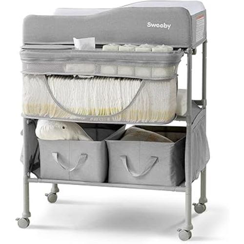 Sweeby Portable Baby Changing Table, 4 Position Height Adjustable with Lockable Wheels, 2 Storage Basket for Essentials, Waterproof Diaper Changing Tables Station Pad Topper,Light Gray