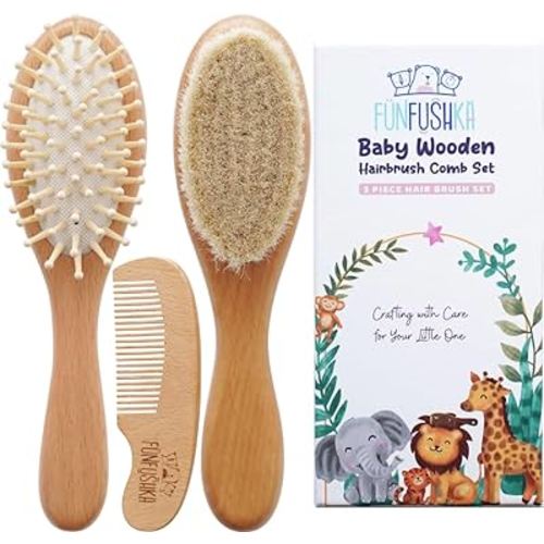 Baby Wooden Hair Brush and Comb Set for Newborn Toddler - Natural HairBrush with Soft Goat Bristle for Girl and Boy, Perfect for Cradle Cap