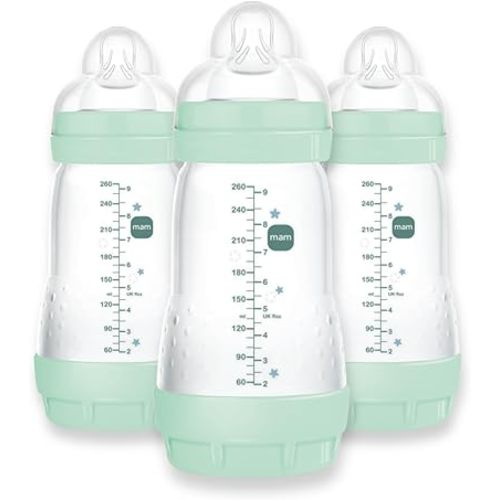 MAM 9oz Easy Start Anti-Colic Baby Bottles, Medium Flow, Breastfeeding-Like Silicone Nipple, Reduces Colic, Gas, & Reflux, Easy-to-Clean, BPA-Free, Baby Bottles for Newborns, 2+ Months